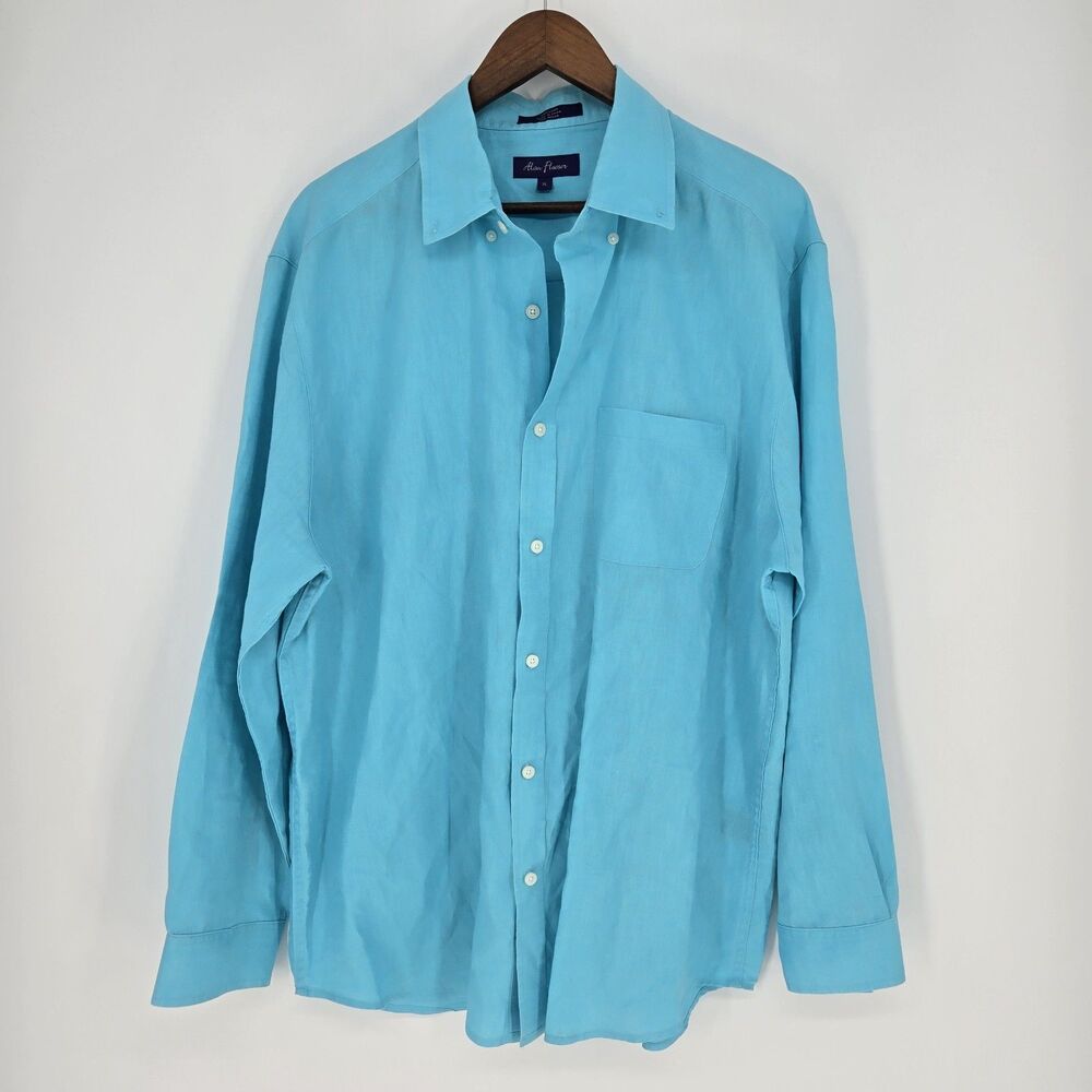 Mens Allan Flusser Ice Blue Linen Button Down Shirt XL